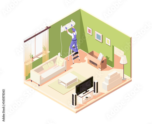 Room renovation concept with professional air conditioner installer. Repair person fixing split system near window on wall. Apartment with furniture tv, sofa, table isometric 3d. Vector illustration