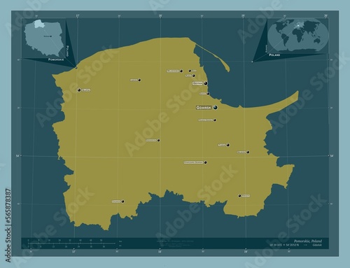 Pomorskie, Poland. Solid. Labelled points of cities photo