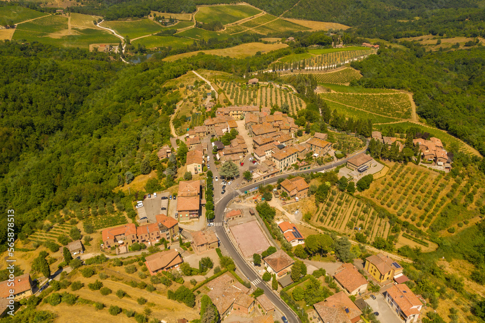 Drone photography of small rural town surrounded by agricultural fields, vineyards and olive trees