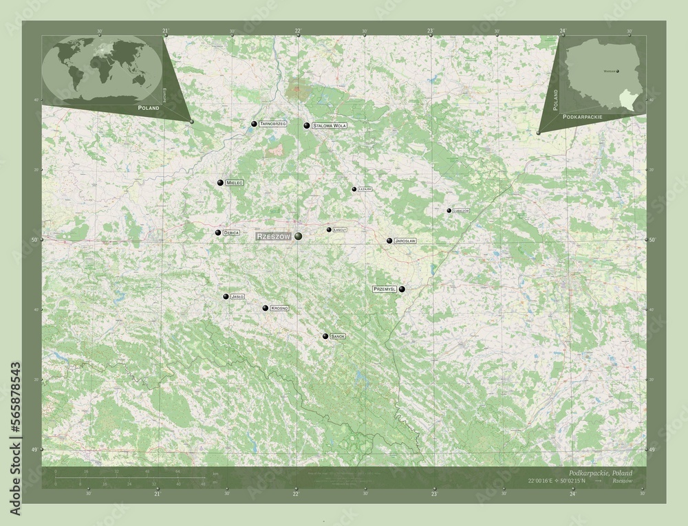 Fototapeta premium Podkarpackie, Poland. OSM. Labelled points of cities