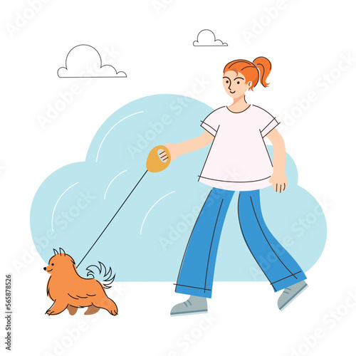 Happy girl walking with a dog at summer park. Joyful owner and domestic animal enjoying promenade outdoor. Vector flat illustration.