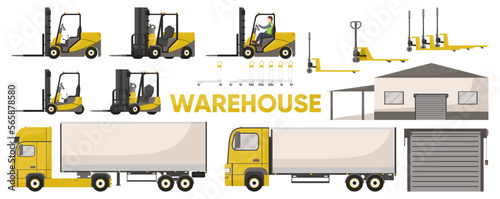 Set of warehouse forklifts and trucks isolated on white background. Warehouse building, loading and lifting equipment. Cargo and logistic transport big collection of flat icons. Vector illustration