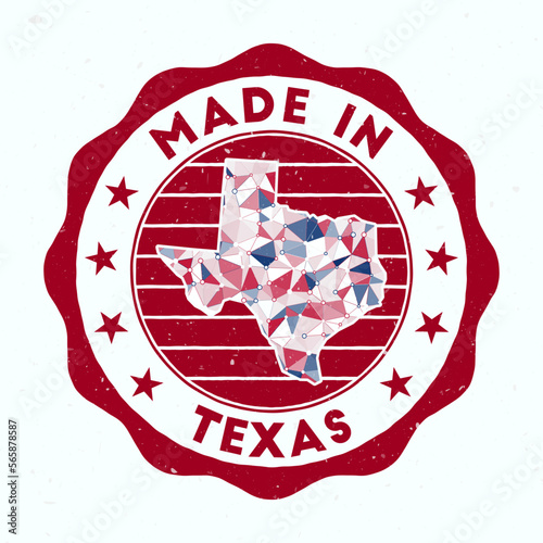 Made in Texas. US state round stamp. Seal of Texas with border shape. Vintage badge with circular text and stars. Vector illustration.