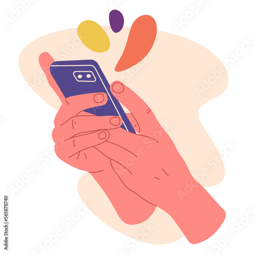 Hands holding smartphone. Human hand scrolling cell phone screen, mobile phone in hands flat vector illustration on white background