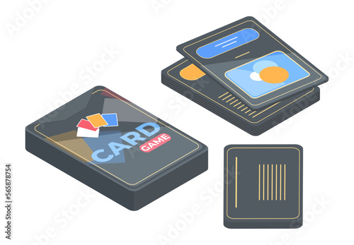 Isometric table gaming cards. Recreation 3d board game cards, poker, and monopoly games flat vector illustration on white background