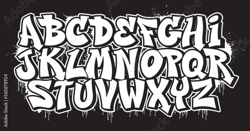 Black and white decorative font in graffiti style with spray effect. Ideal for pattern, fabric print, shops and many other uses 