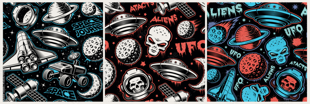 Set of vintage UFO seamless background with design elements such as flying saucer, alien, planets, space satellite, shuttle, space rover, skull astronaut 