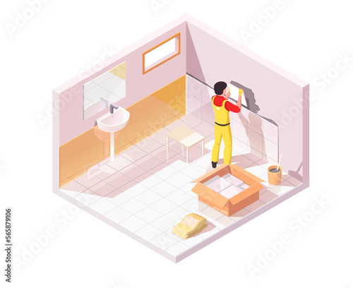 Bathroom tile renovation concept with professional tiler in yellow uniform. Indoor isometric view room. Man installing and putting white ceramic tiles on grey concrete at the wall. Vector illustration