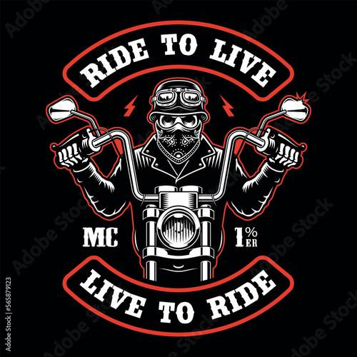  Vector biker patch with a skull in a bandana on a motorcycle 