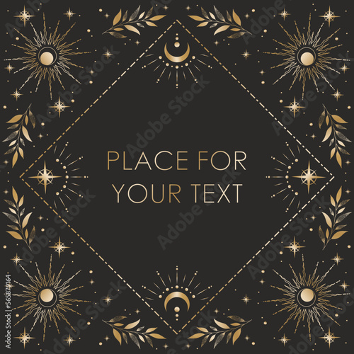 Magic vector frame with sun, plants, moon, stars and constellations. Gold ornament. Mystic frame for tarot, esoteric, astrology design. Template for poster and prints.