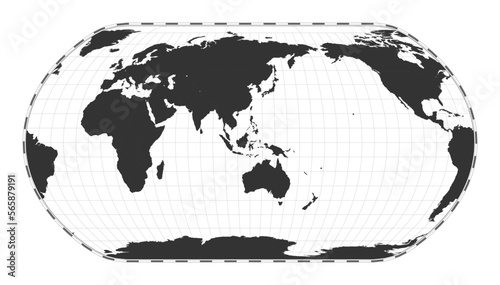 Vector world map. Natural Earth projection. Plain world geographical map with latitude and longitude lines. Centered to 120deg W longitude. Vector illustration.