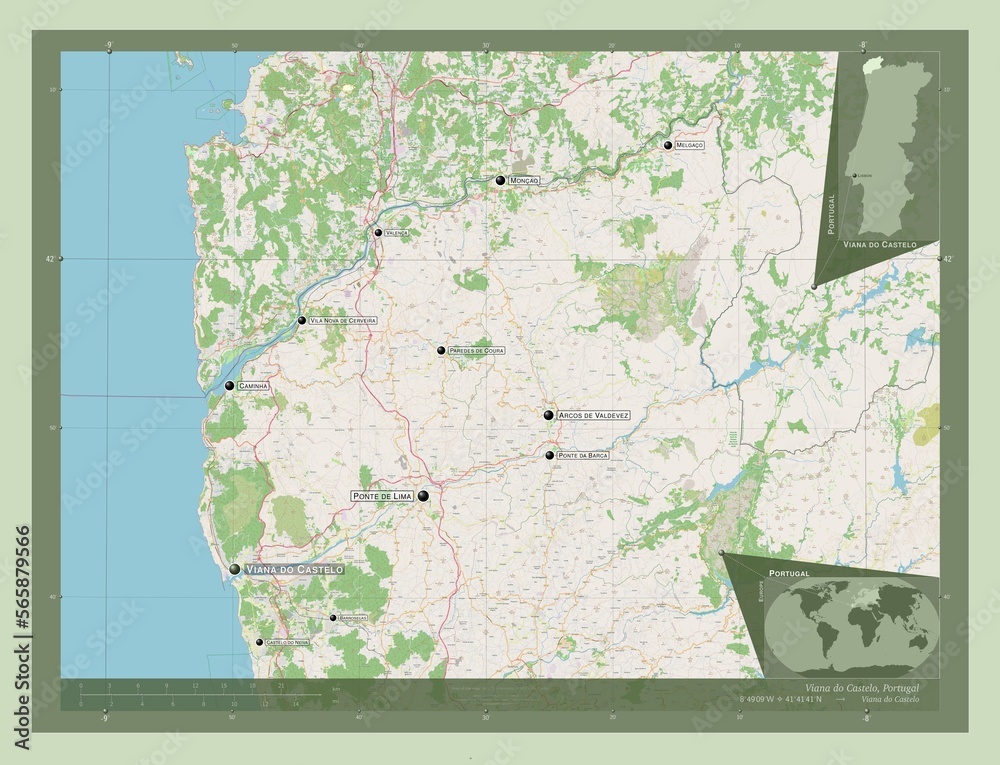 Fototapeta premium Viana do Castelo, Portugal. OSM. Labelled points of cities