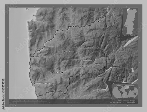 Viana do Castelo, Portugal. Grayscale. Labelled points of cities photo