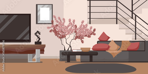 Lounge room interior banner. Modern cozy apartment style with furniture, red pillows on sofa, armchair and carpet with bookshelf. Pink grey color design in comfortable hotel room. Vector illustration
