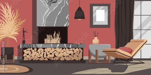 Lounge room interior banner. Modern country house style with furniture: armchair near fireplace decorated by stack of firewood. Wallpaper design concept of comfortable hotel room. Vector illustration