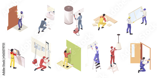 Set of repairman character icons for renovation concept 3d isometric view. Professional contractor team of repairmen plumber, painter, specialist of installing, electrician, tiler. Vector illustration
