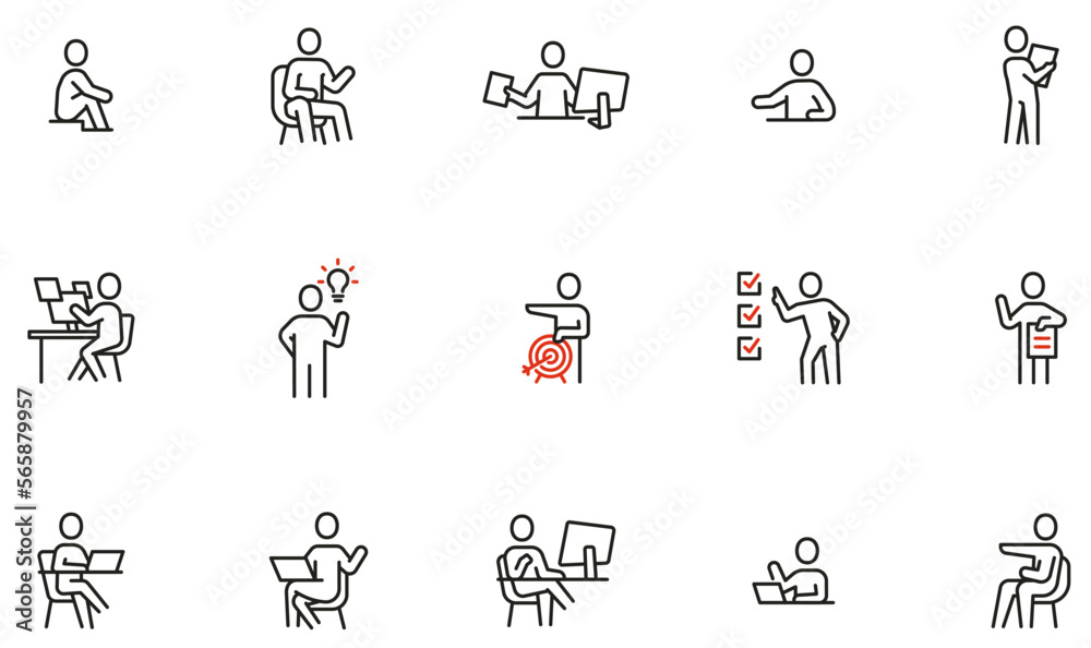 Vector Set of Linear Icons Related to Staff, Employees, Work Situations and Positions. Mono Line Collection Icons and Infographics Design Elements