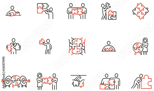 Vector Set of Linear Icons Related to Interaction amd Cooperation, Work with Puzzles. Mono Line Collection Icons and Infographics Design Elements photo