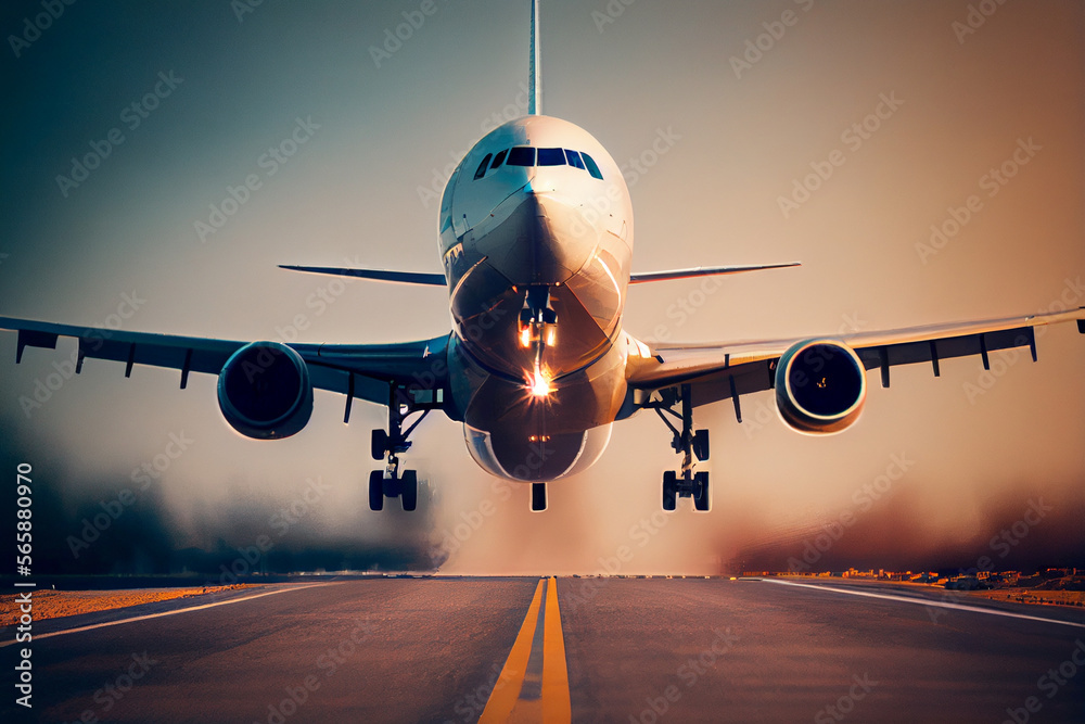 ภาพประกอบสต็อก Ein Flugzeug hebt von der Startbahn am Flughafen ab
