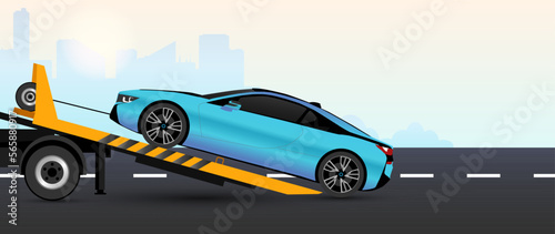 Towing service concept banner. Red sport car with damaged engine on country road. Young woman call to insurance and waiting the evacuator truck to transportation on repair station. Vector illustration