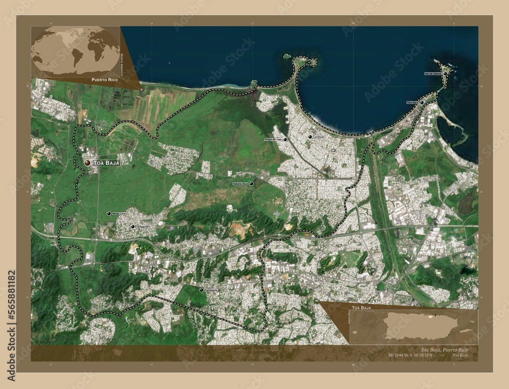 Toa Baja, Puerto Rico. Lowres satellite. Labelled points of cities
