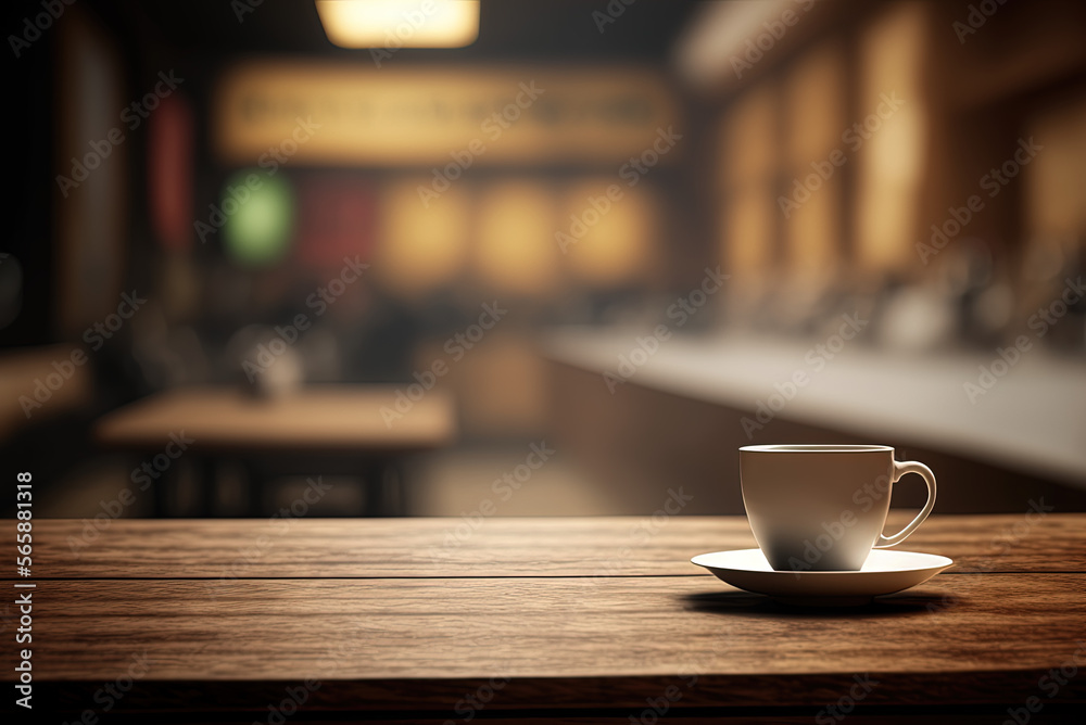 Tabletop, coffee shop, background. Generative AI.
