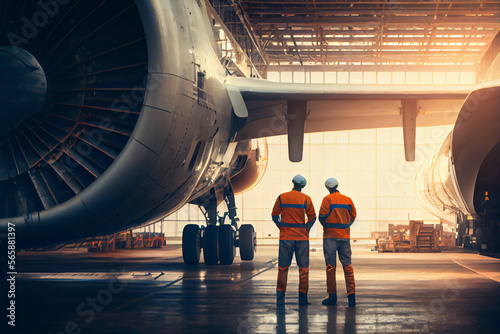 Wartungstechniker die ein Flugzeug in der Reparaturwerkstatt repariert - Generative Ai