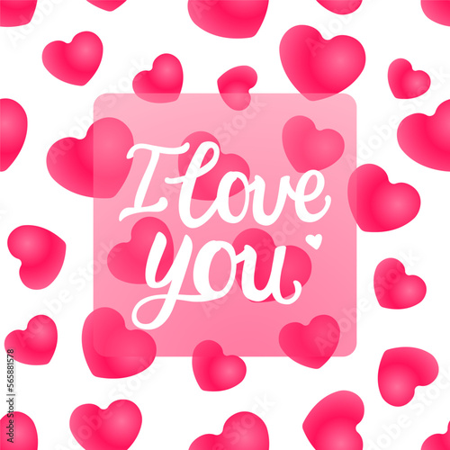 Lettering inscription I love you. Greeting card with background of sweet candy or marmelade pink hearts. Vector Cute Design for Valentine's day