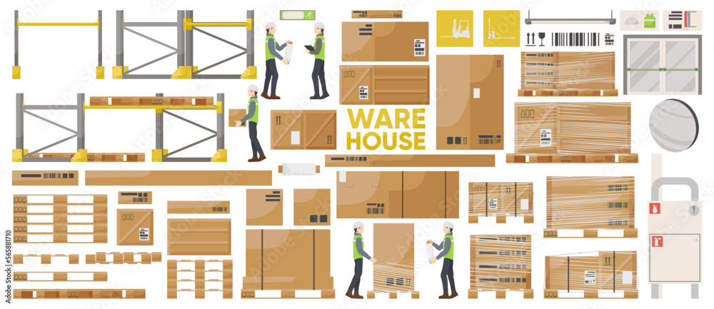 Set of warehouse interior inventory isolated on white background. Different types of boxes, stacks of pallets, metallic shelves. Workers in uniform package in film cardboard boxes. Vector illustration Set of warehouse interior inventory isolated on white background. Different types of boxes, stacks of pallets, metallic shelves. Workers in uniform package in film cardboard boxes. Vector illustration