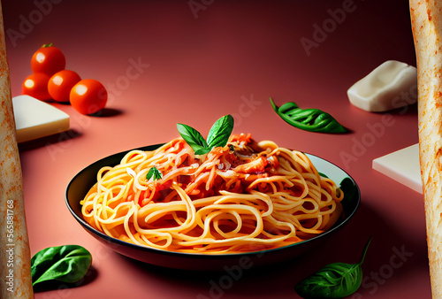 Spaghetti with tomato sauce. Illustration AI Generative
