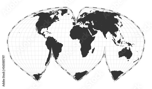 Alan K. Philbrick's interrupted sinu-Mollweide projection. Plain world geographical map with latitude and longitude lines. Centered to 0deg longitude. Vector illustration.
