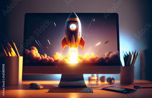 Start Up Concept with Rocket. Illustration AI Generative