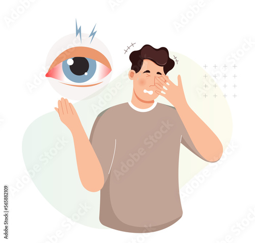 Person with Fungal Infection in Eye Irritant - Pink Eye - Illustration photo