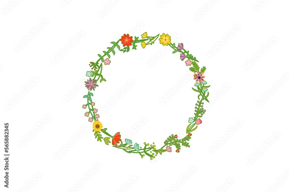 Floral wreath with leaves , round frame on white background. Floral wreath with leaves , round frame on white background.
