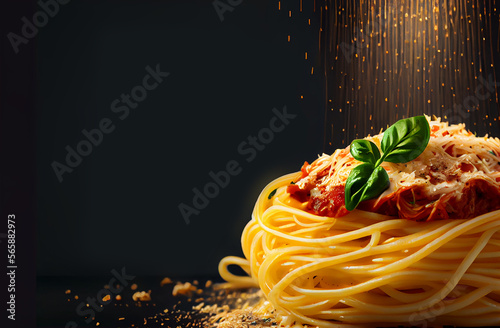 Spaghetti with tomato sauce. Illustration AI Generative