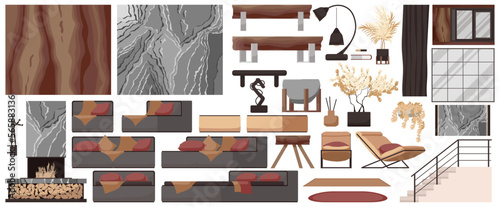 Furniture for lounge set isolated on white background. Flat furnishings collection with couch sofa, soft armchair, wooden table, loft lamp. Designer trendy items of home apartment. Vector illustration