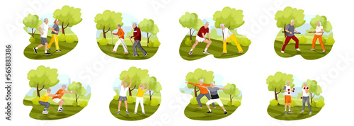 Set of healthy grandfather and sporty grandmother. Adult senior and woman in morning city park. Outdoor sport activity. Fitness lifestyle concept elderly people in sportswear. Flat Vector illustration