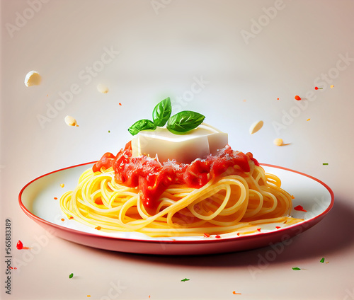 Spaghetti with tomato sauce. Illustration AI Generative