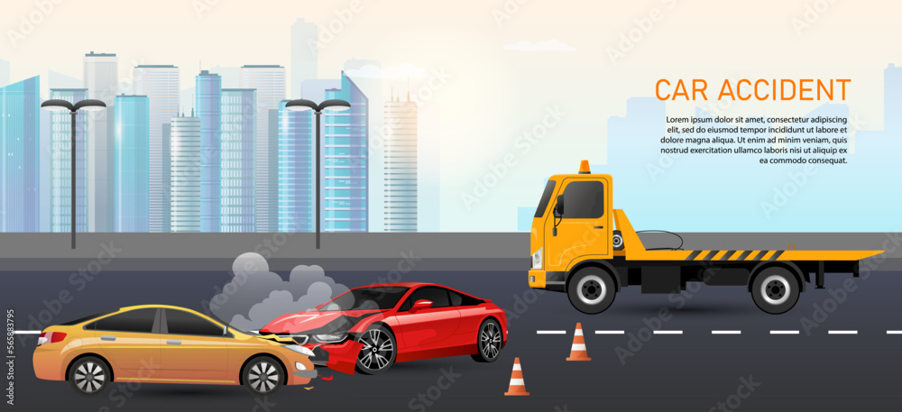 Car accident on highway road in cityscape. Template banner Tow truck ...