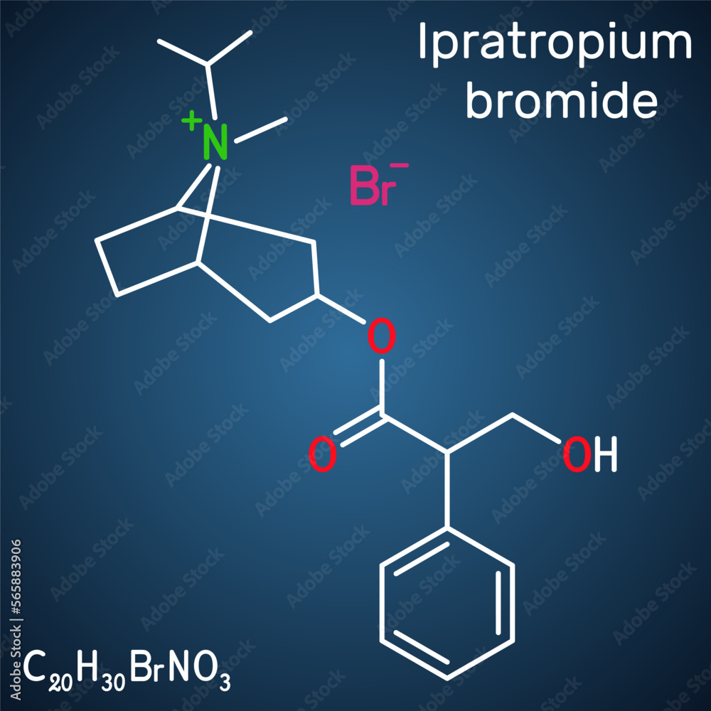 Ipratropium bromide molecule. It is bronchodilator, antispasmodic, anticholinergic drug. Structural chemical formula on the dark blue background
