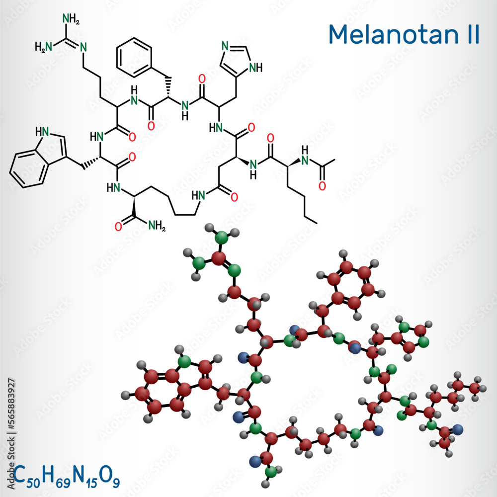 Melanotan II molecule. It is synthetic analogue of the peptide hormone, stimulates melanogenesis and increases sexual arousal. Structural chemical formula, molecule model. Melanotan II molecule. It is synthetic analogue of the peptide hormone, stimulates melanogenesis and increases sexual arousal. Structural chemical formula, molecule model.