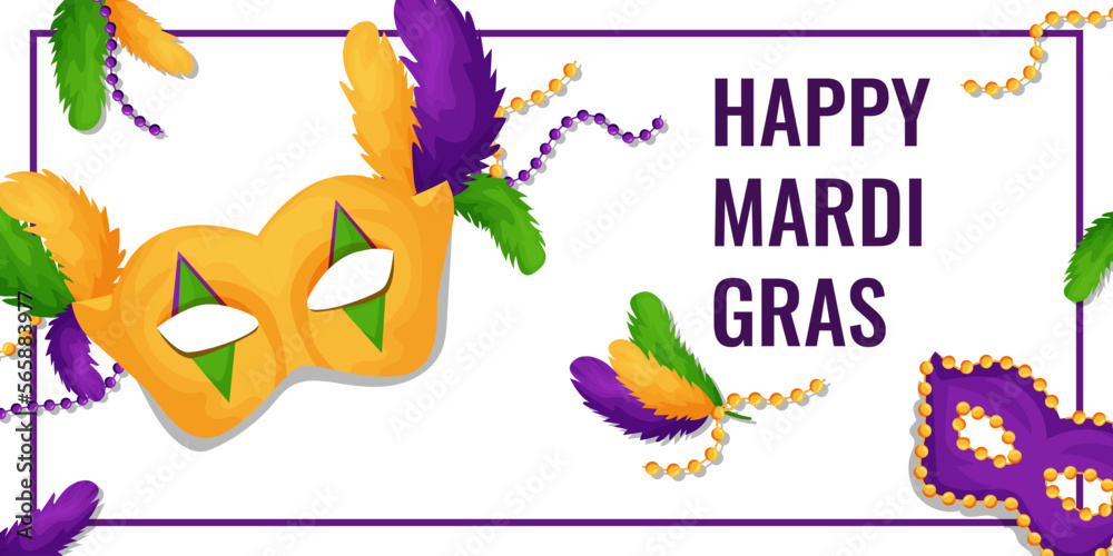 mardi gras. Banner template for advertising, web design, sites, applications, with beads, carnival mask and feathers, for packaging, printing. Vector illustration