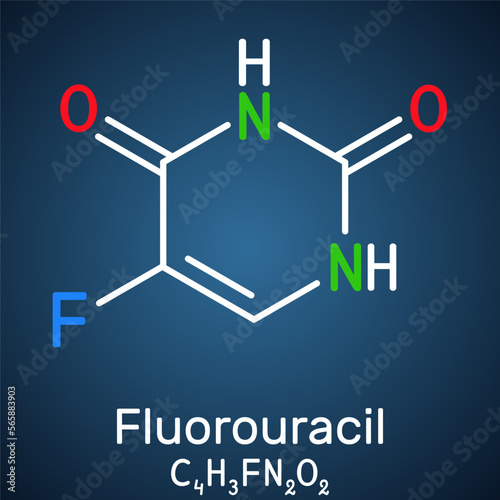 Fluorouracil, 5-FU molecule. It is pyrimidine analog, cytotoxic chemotherapy medication used to treat cancer. Structural chemical formula on the dark blue background