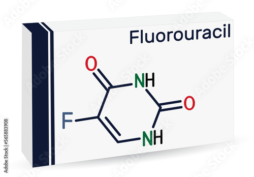 Fluorouracil, 5-FU molecule. It is pyrimidine analog, cytotoxic chemotherapy medication used to treat cancer. Skeletal chemical formula. Paper packaging for drugs.
