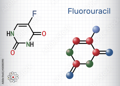 Fluorouracil, 5-FU molecule. It is pyrimidine analog, cytotoxic chemotherapy medication used to treat cancer. Structural chemical formula, molecule model. Sheet of paper in a cage.