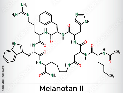 Melanotan II molecule. It is synthetic analogue of the peptide hormone, stimulates melanogenesis and increases sexual arousal. Skeletal chemical formula