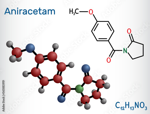 Aniracetam molecule. It is nootropic drug used to ameliorate memory, attention disturbances. Structural chemical formula, molecule model.