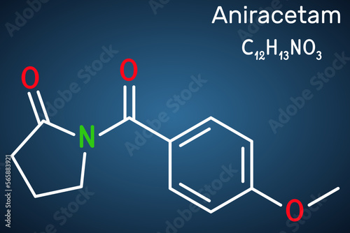 Aniracetam molecule. It is nootropic drug used to ameliorate memory, attention disturbances. Structural chemical formula on the dark blue background. photo