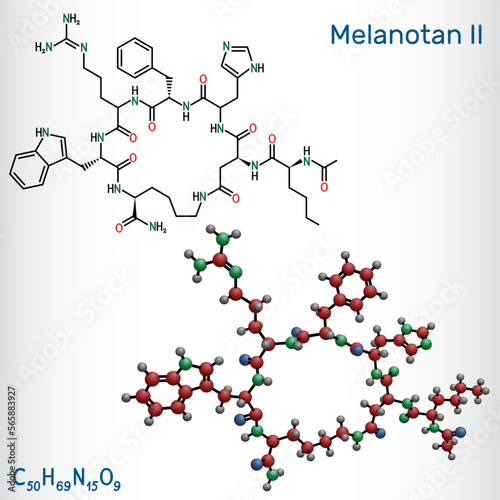 Melanotan II molecule. It is synthetic analogue of the peptide hormone, stimulates melanogenesis and increases sexual arousal. Structural chemical formula, molecule model.