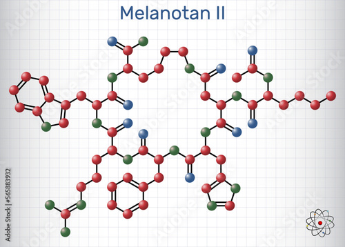 Melanotan II molecule. It is synthetic analogue of the peptide hormone, stimulates melanogenesis and increases sexual arousal. Molecule model. Sheet of paper in a cage